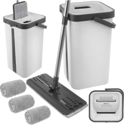 Serpillière plate RUHHY avec seau à double compartiment 11 l et 3 housses en microfibre