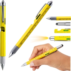 Multifunctional metal pen 8-in-1 with LED flashlight and level – yellow