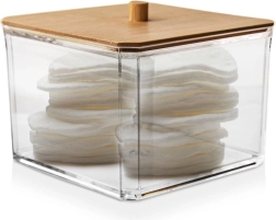 Distributeur acrylique WHITNEY pour cotons démaquillants avec couvercle en bambou