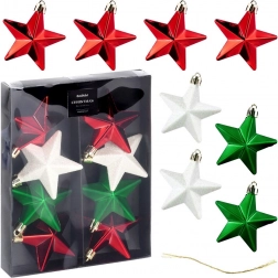Set onbreekbare kerststerren voor de boom 6,5 cm, rood, groen en wit, 8 stuks