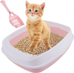 Open cat litter box with rim and scoop, pink