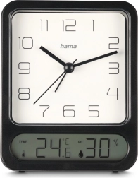 Wecker mit analoger Uhr und digitalem Thermometer und Hygrometer, schwarz