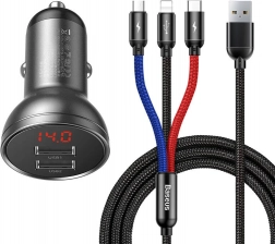 Baseus Autoladegerät mit Display und USB 3-in-1 Kabel 24W