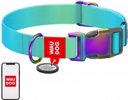Nylon dog collar with QR code WAUDOG, blue