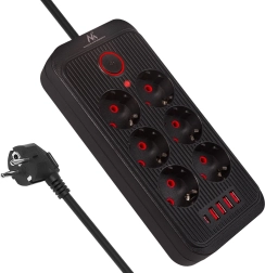Zwarte stekkerdoos met verlengkabel, 6x schuko met 4x usb‑a en 1x usb‑c, 2500 w