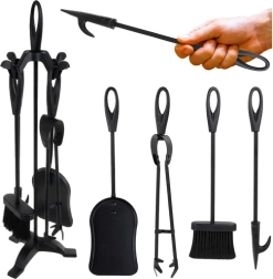 Ensemble d’outils de cheminée Kaminer rétro 5-en-1 sur support, noir