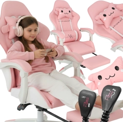 Children’s gaming chair with retractable footrest – pink, swivel and comfortable