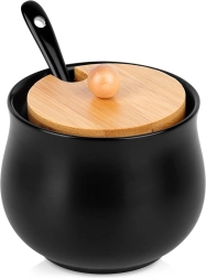 Keramische zwarte suikerpot met bamboe deksel en lepeltje 250 ml