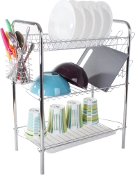 Three-tier metal dish drying rack with utensil holder and cutting board stand