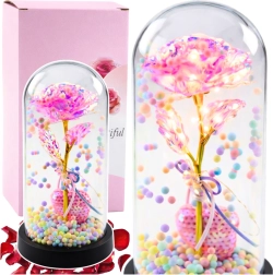 Eeuwige roze onder een glazen stolp met ledverlichting, roze met een hartje en gekleurde bolletjes