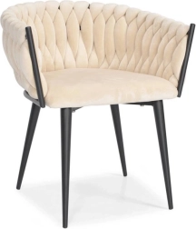 Glamour beige velvet armchair with black legs and braided design