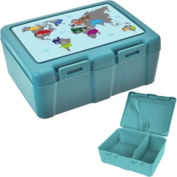 Lunchbox met wereldkaart 1 l, 2 vakken en 2-in-1 bestek
