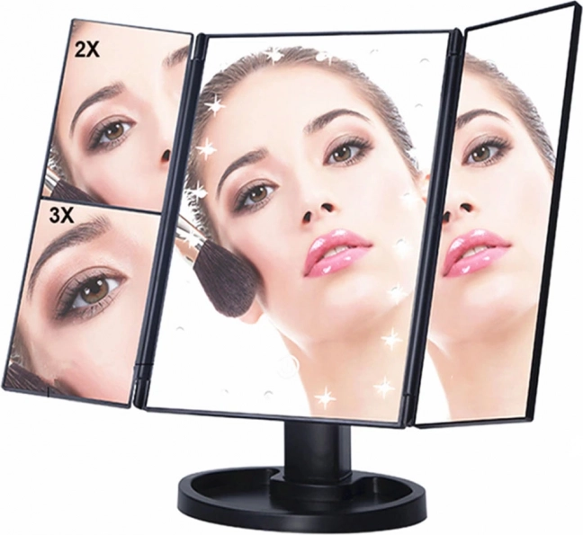 LED cosmetic mirror with lighting, 22 LEDs, 2x and 3x magnification, black
