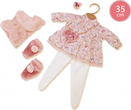 Poppenoutfit voor 35 cm LLORENS-pop - 5-delige set met bloemenjurk en roze vest