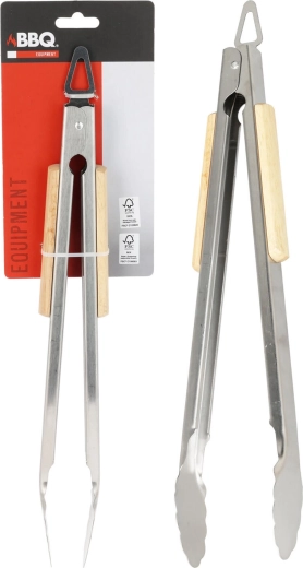 Stainless steel grill tongs with wooden handle 37.5 cm