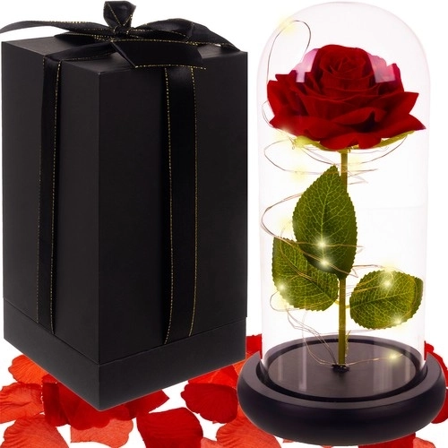 Lichtgevende eeuwige roos in glas met geschenkdoos