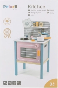 Wooden children's kitchen with stove and oven
