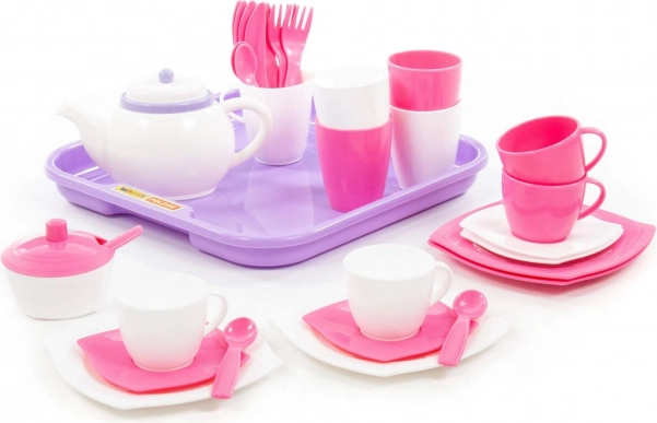 Pink-white tea set with tray - 35 pieces
