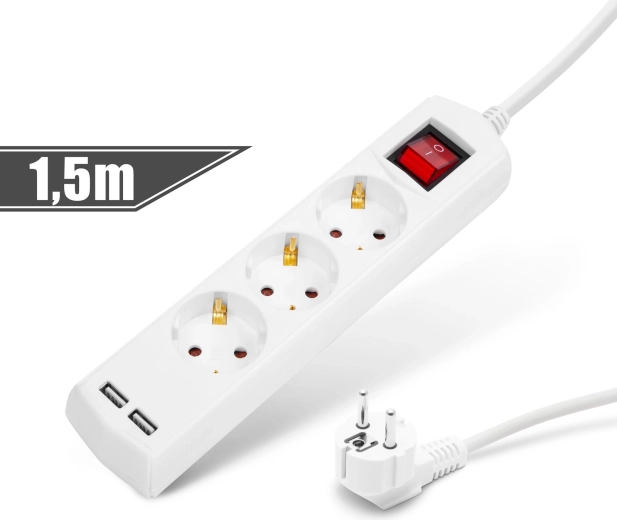 Extension cord with 3 sockets, 2 USB ports and switch, 1.5 m