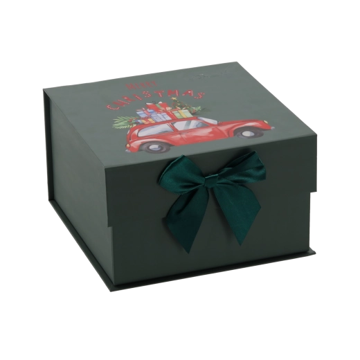 Weihnachts-Geschenkbox in Autoform mit grüner Schleife