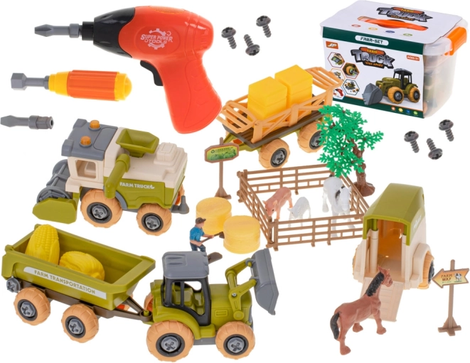Ferme pour enfants – tracteur et moissonneuse-batteuse démontables, animaux, avec perceuse sans fil