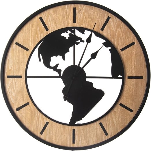 Horloge murale en bois et métal avec motif de carte du monde 60 cm