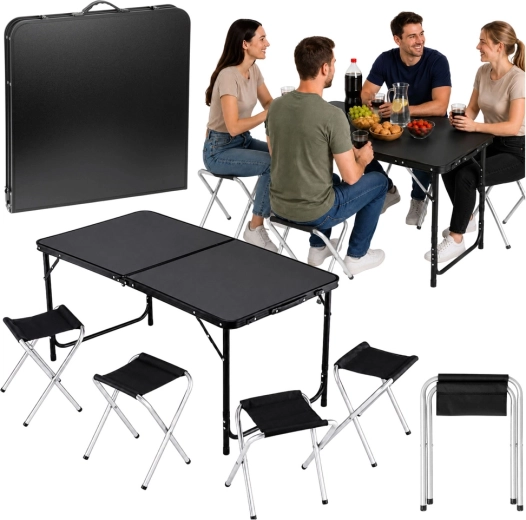 Ensemble de camping pliant : table et 4 tabourets dans une valise, noir