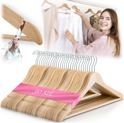 Massido houten kledinghangers van natuurlijk hout, set van 30 stuks