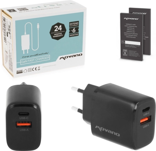 Chargeur secteur Movano GaN 30 W (USB‑C PD + USB‑A), noir
