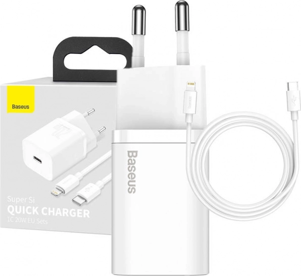 Lader BASEUS Super Si 20W 1× USB‑C + kabel USB‑C naar Lightning 1 m (wit)