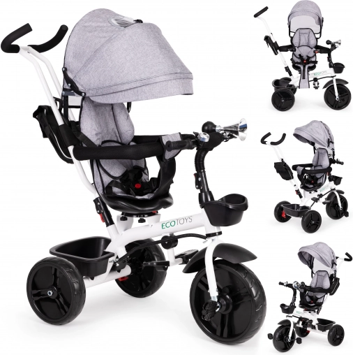 Children’s tricycle with 360° rotating seat and canopy, grey ECOTOYS