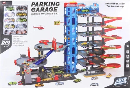 Large multi-storey garage with toy cars and helipad