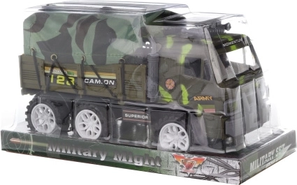 Military car with tarp, friction-powered, 23 cm