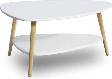 Table basse moderne avec étagère et pieds en bois, coloris blanc