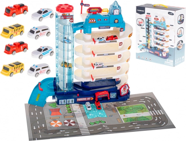 Parking à étages pour petites voitures avec ascenseur électrique, 5 niveaux + tapis de jeu et 8 voitures