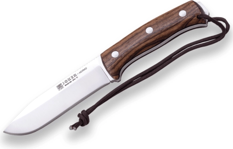Joker Nomad bushcraft fixed-blade knife 12.7 cm, walnut wood, leather sheath and fire starter