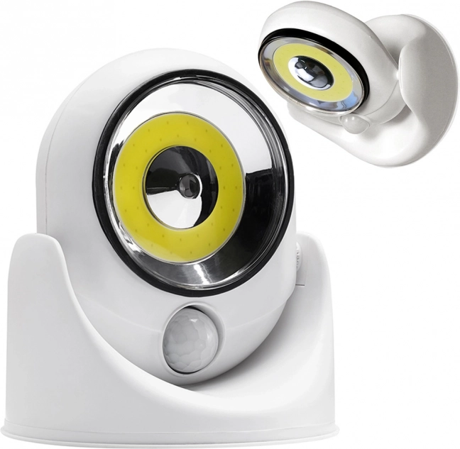 Lampe LED COB à piles avec détecteur de mouvement et base pivotante à 360°
