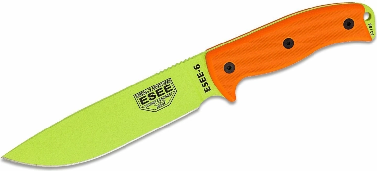 Feststehendes Messer ESEE 6 mit glatter Schneide, grüne Klinge und orangefarbener G10-Griff mit Scheide