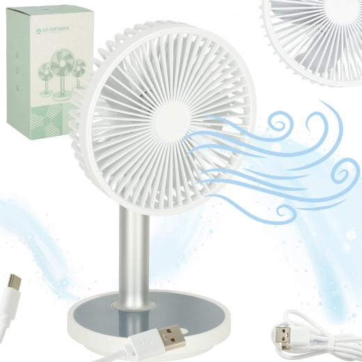 Wireless USB desktop fan with battery, 4 speeds and LED, white
