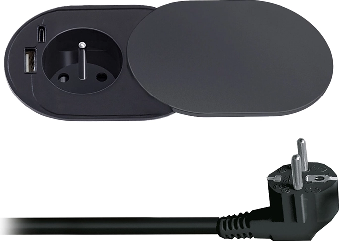 Solight Einbau-Steckdose 230 V mit USB-A und USB-C 20 W PD mit Schiebedeckel, 2 m, mattschwarz