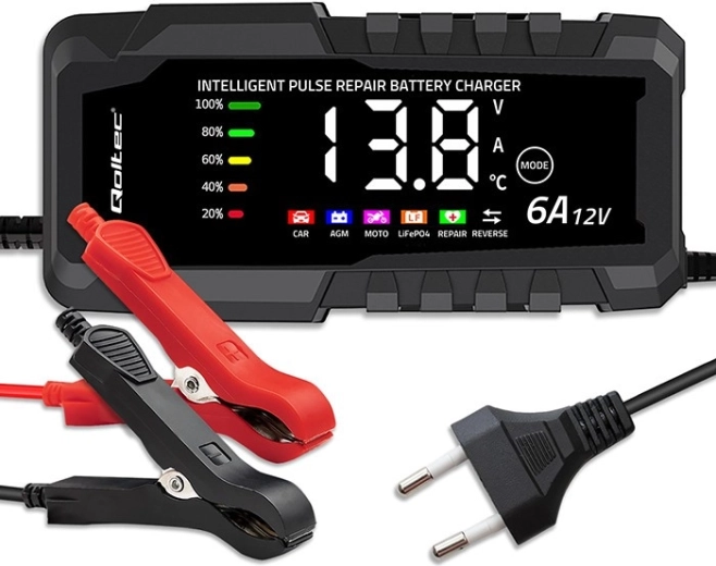 Mikroprozessor-Ladegerät 12 V 6 A mit Reparaturfunktion für AGM-, GEL- und LiFePO4-Akkus mit LCD