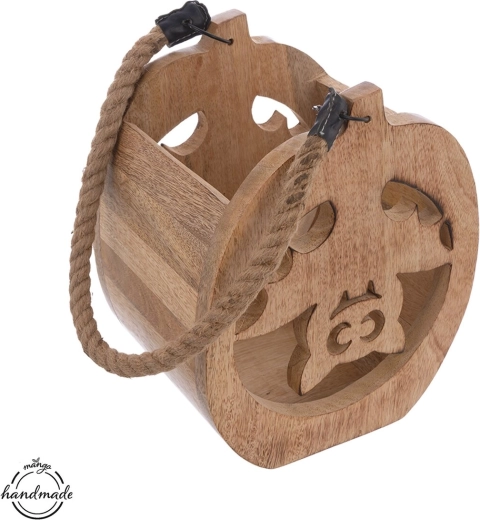 Hanging mango wood candle holder with bat motif