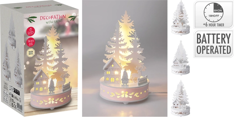 LED houten decoratie boompje 20 cm met timer - 1 stuk