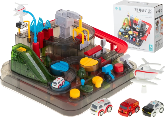 Interactive racing track with obstacles for cars with lighting and sounds