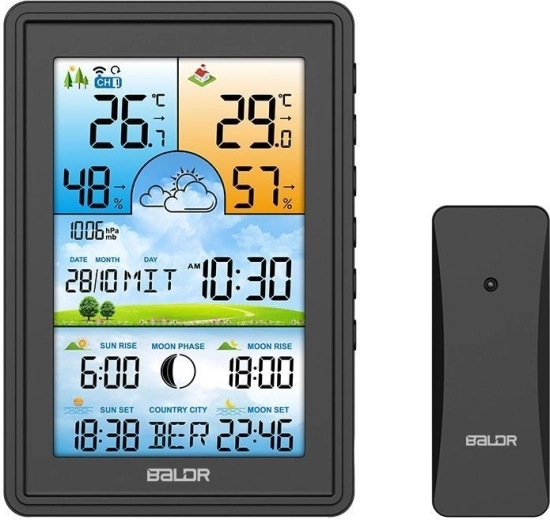 Kabellose Wetterstation mit Thermometer, Hygrometer, Wecker und Mondphase – schwarz