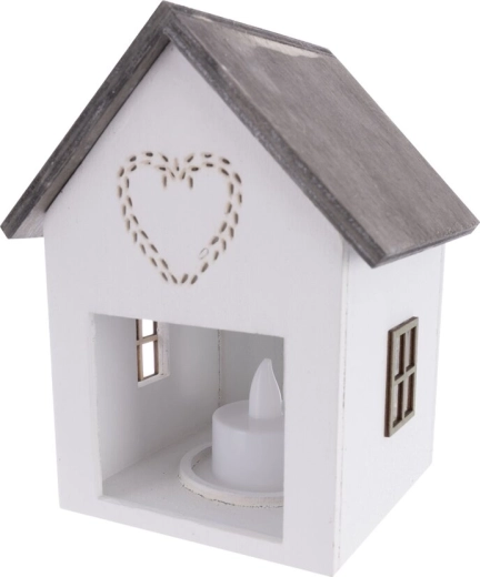 Maison décorative en bois avec éclairage LED intégré, blanche, 15 cm
