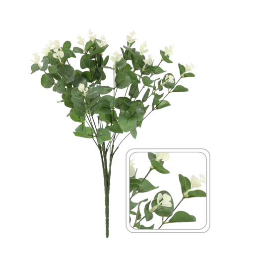 Artificial eucalyptus sprig with white flowers 46 cm