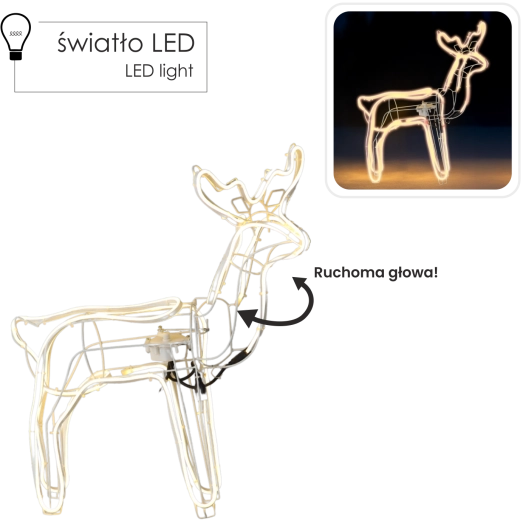 Renne LED de Noël avec tête mobile 64 × 22 × 70 cm, blanc chaud, pour intérieur et extérieur