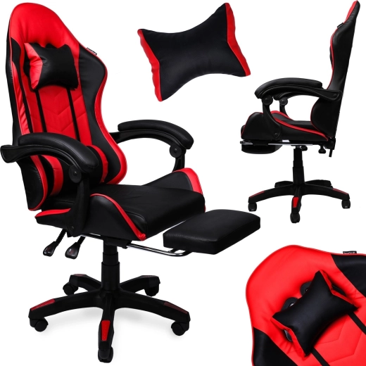 Fauteuil gamer noir et rouge en similicuir avec repose-pieds coulissant