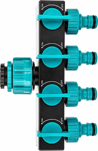 Répartiteur 4 voies pour robinet de jardin pour tuyau, avec vannes et réducteur 3/4"–1/2"